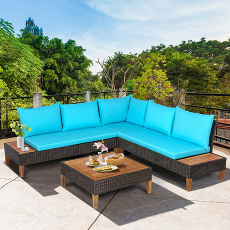 Juego de muebles de ratán acolchados para patio de 4 piezas con mesa auxiliar de madera