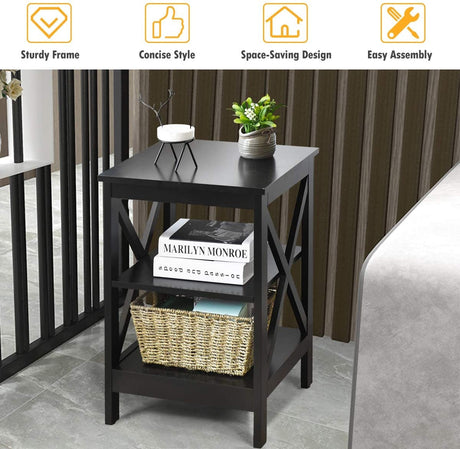 Mesitas de noche de 3 niveles con diseño en X y estantes de almacenamiento para sala de estar y dormitorio
