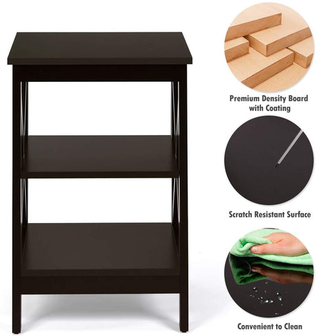 Mesitas de noche de 3 niveles con diseño en X y estantes de almacenamiento para sala de estar y dormitorio