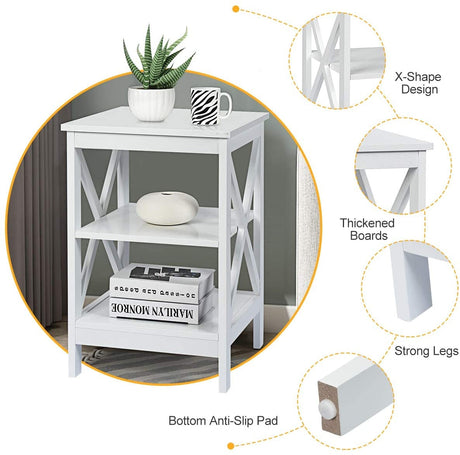 Mesitas de noche de 3 niveles con diseño en X y estantes de almacenamiento para sala de estar y dormitorio