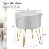 Taburete otomano redondo de terciopelo con almacenamiento, reposapiés, silla de tocador con patas de metal