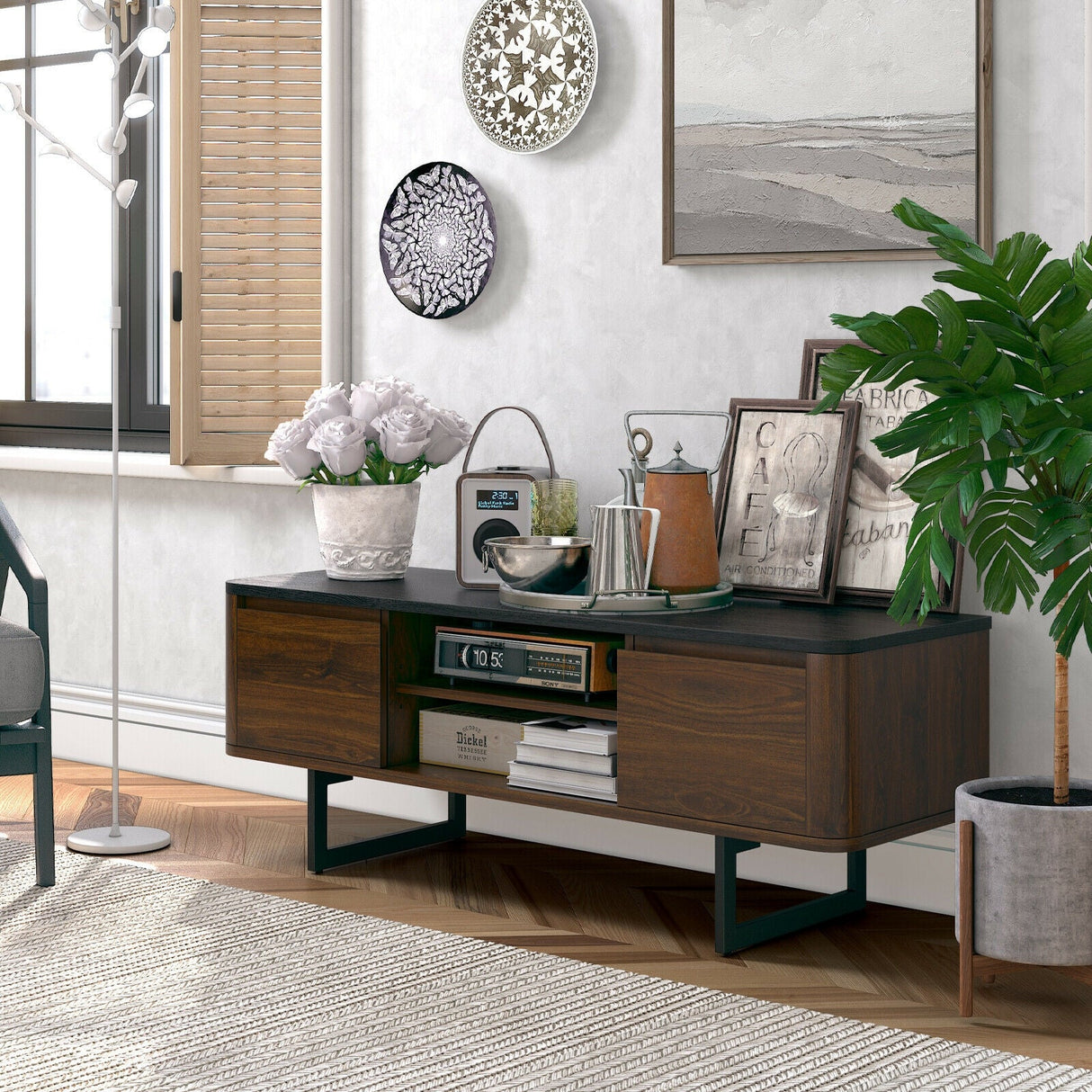 Mueble de TV de madera con armarios de almacenamiento de 2 puertas para televisores de hasta 55 pulgadas