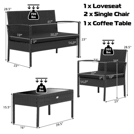 Juego de muebles de patio de ratán de 4 piezas con cojines