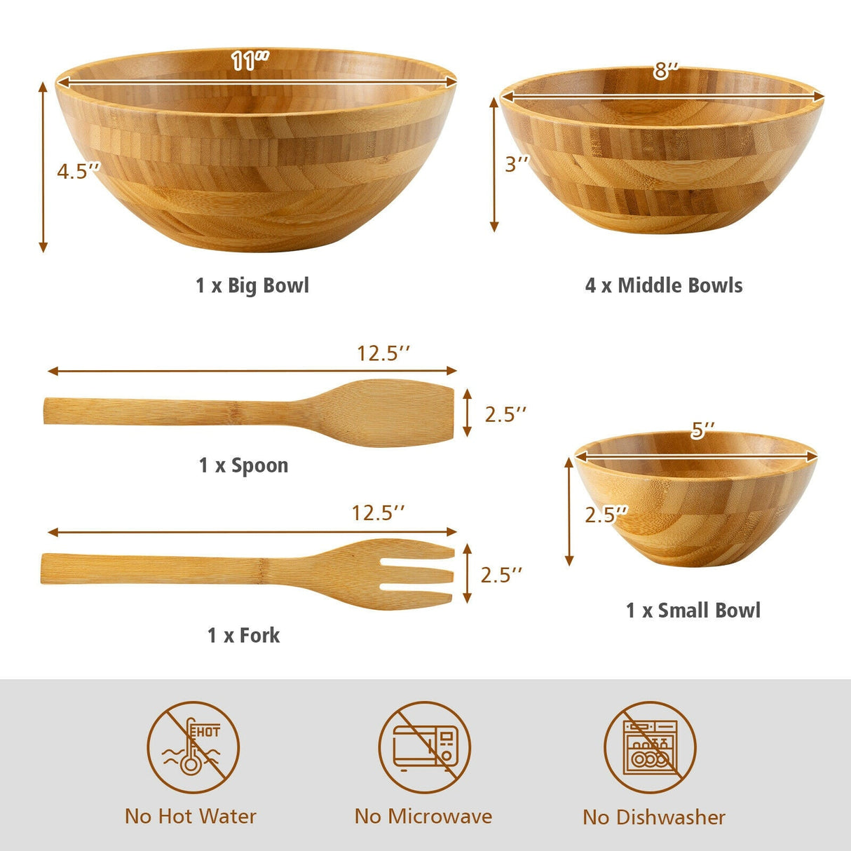 Juego de ensaladera de bambú de 8 piezas con utensilios de servicio - Natural