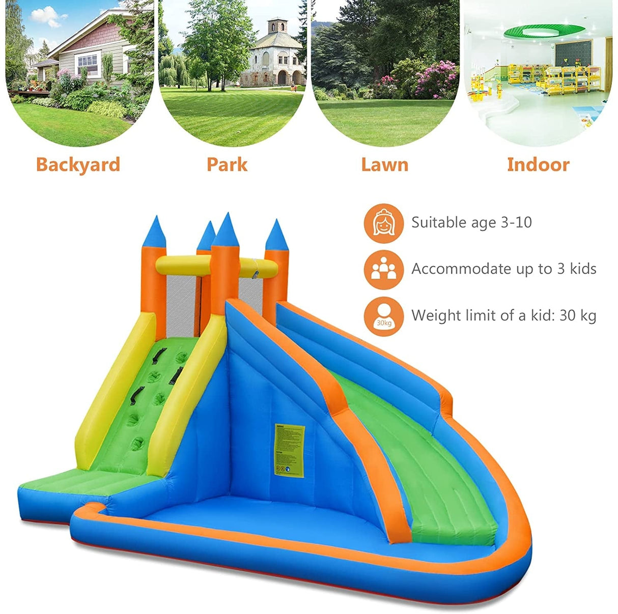 Casa de rebote con tobogán inflable acuático para niños con bolsa de transporte y soplador de 480W