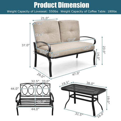 Juego de muebles de 2 piezas de mesa de banco de dos plazas para patio con silla acolchada - Azul