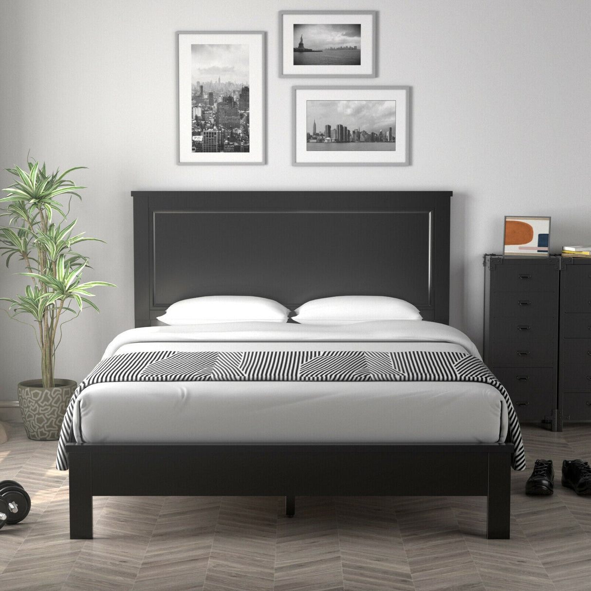 Base de cama de plataforma de tamaño matrimonial con somier de listones y cabecero alto