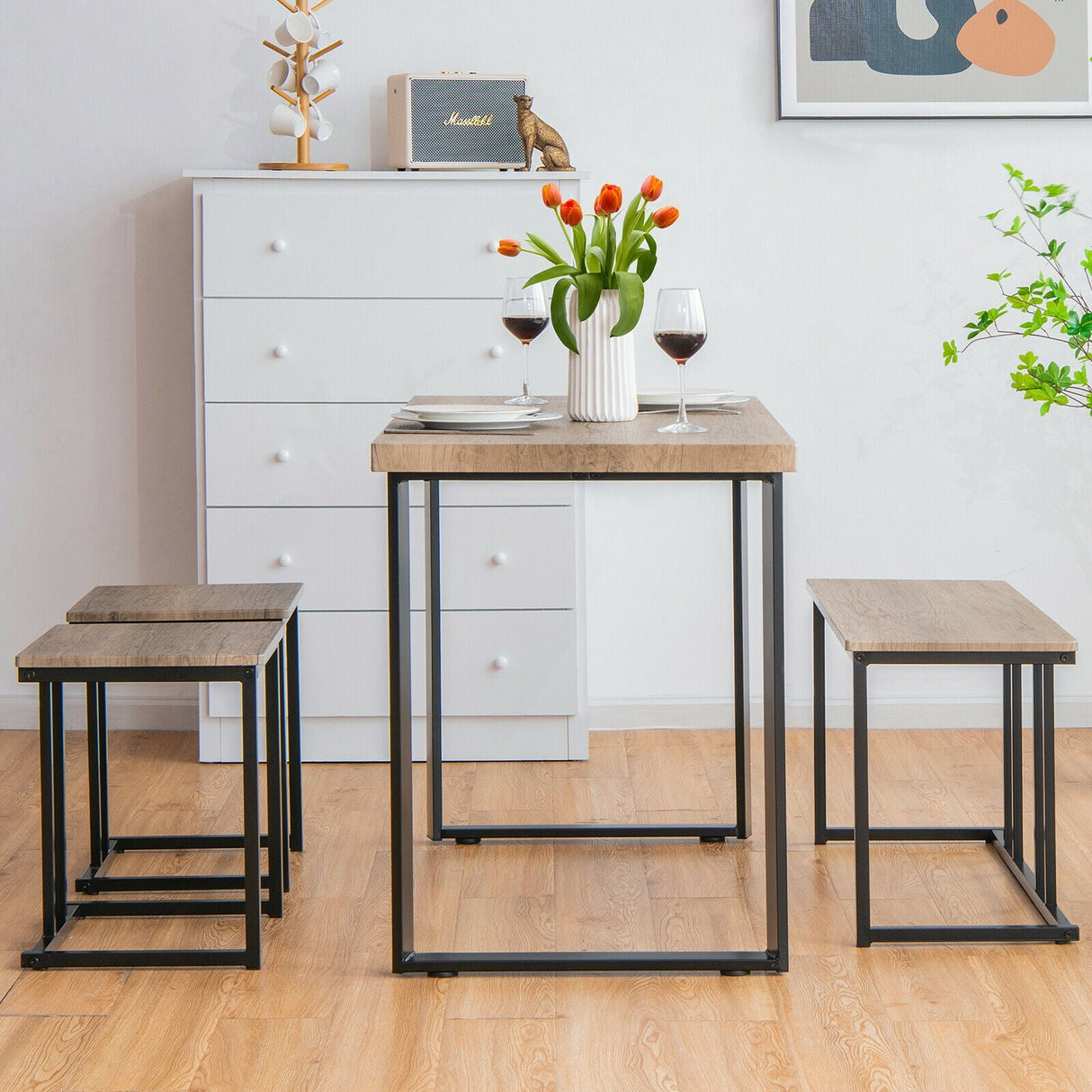 Juego de comedor industrial de 4 piezas con banco y 2 taburetes - Roble