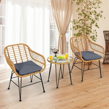 Juego de 3 Muebles de Ratán con Mesa y Sillas Acolchadas