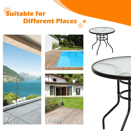 Mesa redonda de 32 pulgadas para patio, de cristal templado y estructura de acero, con práctico orificio para sombrilla