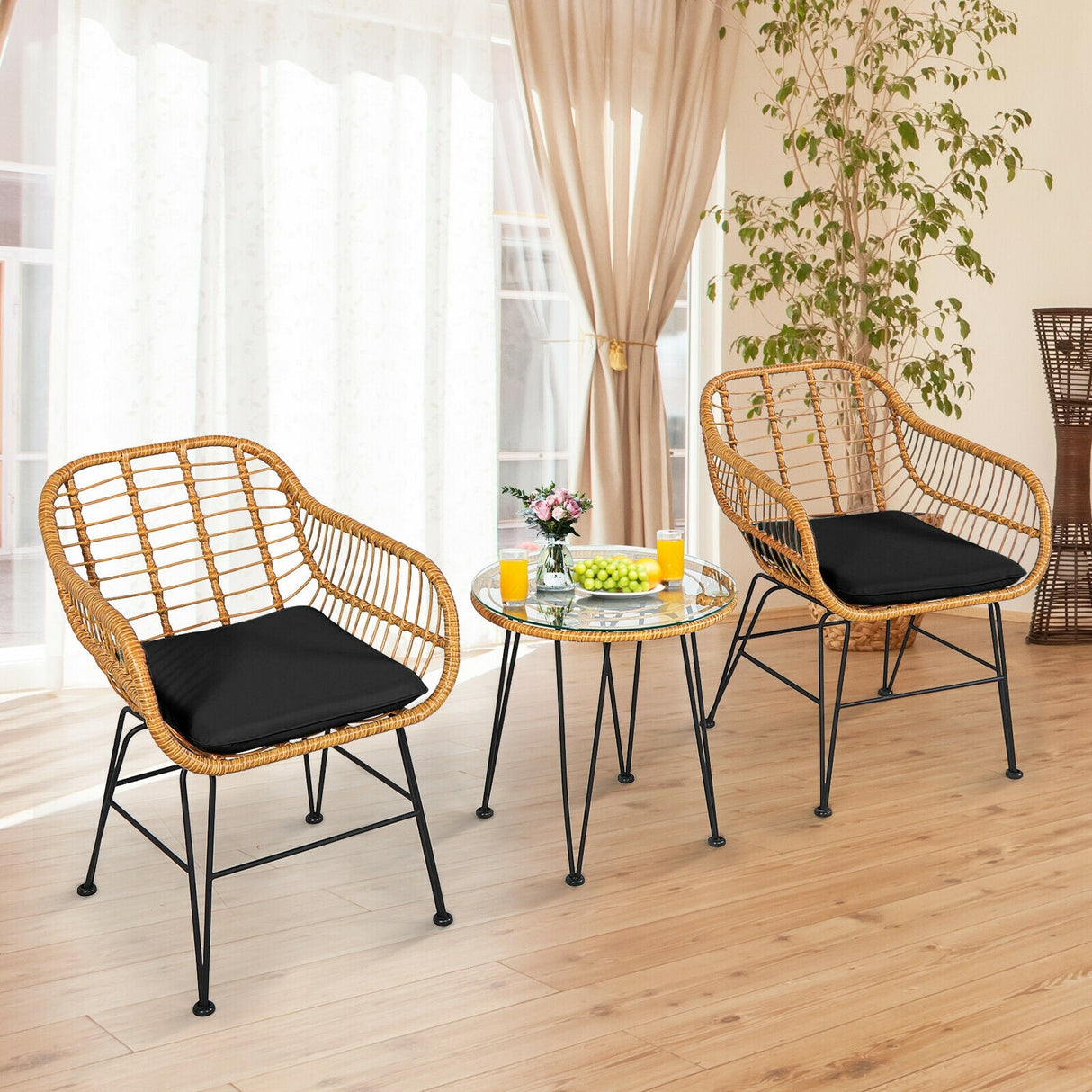 Juego de 3 Muebles de Ratán con Mesa y Sillas Acolchadas