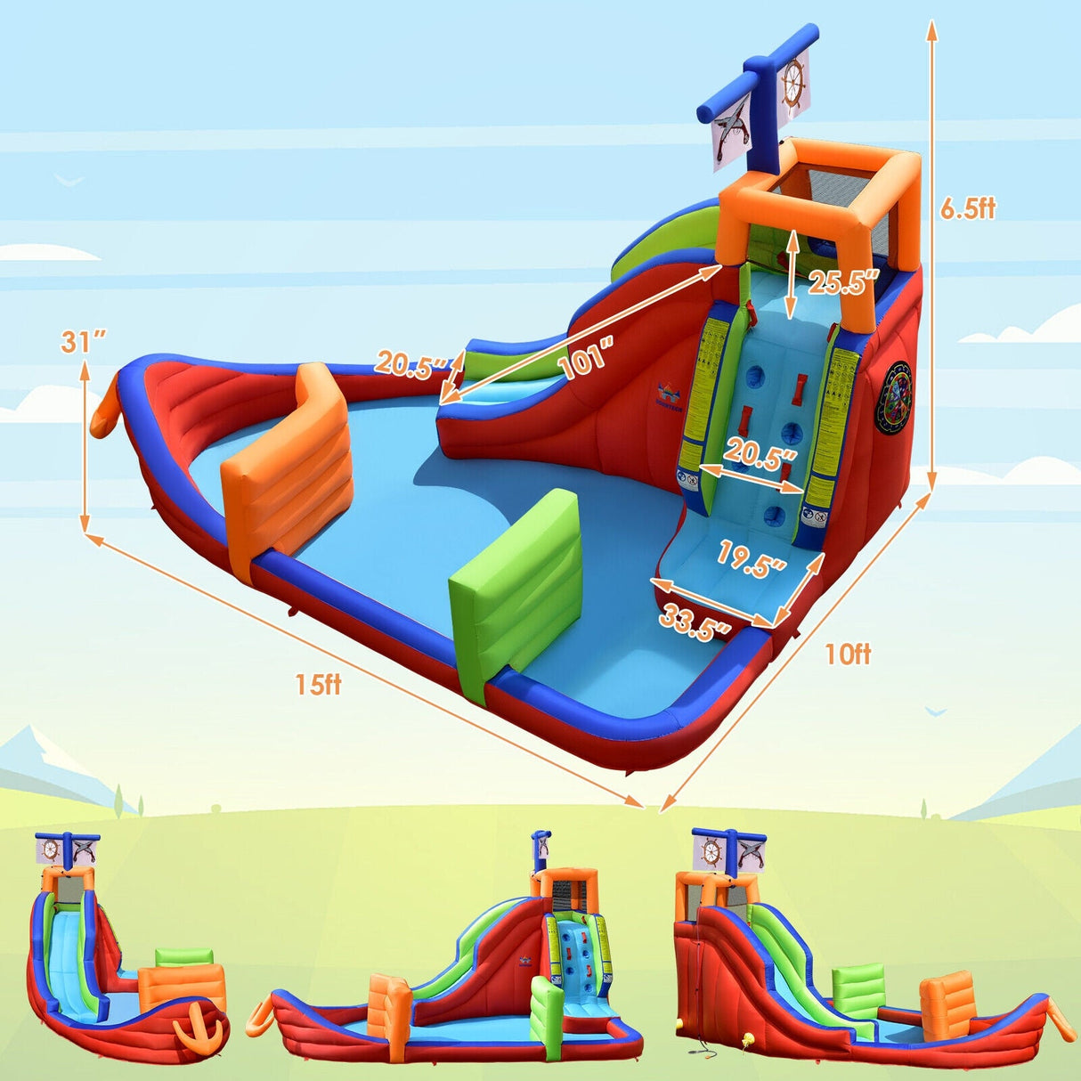 Castillo Hinchable Infantil 6 en 1 de Barco Pirata con Tobogán de Agua, Pistolas de Agua y Soplador de 735W