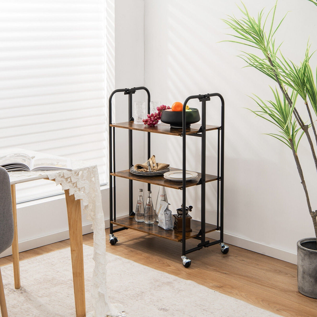 Carrito Rodante Plegable de 3 Niveles con Estantes de Almacenamiento para Cocina
