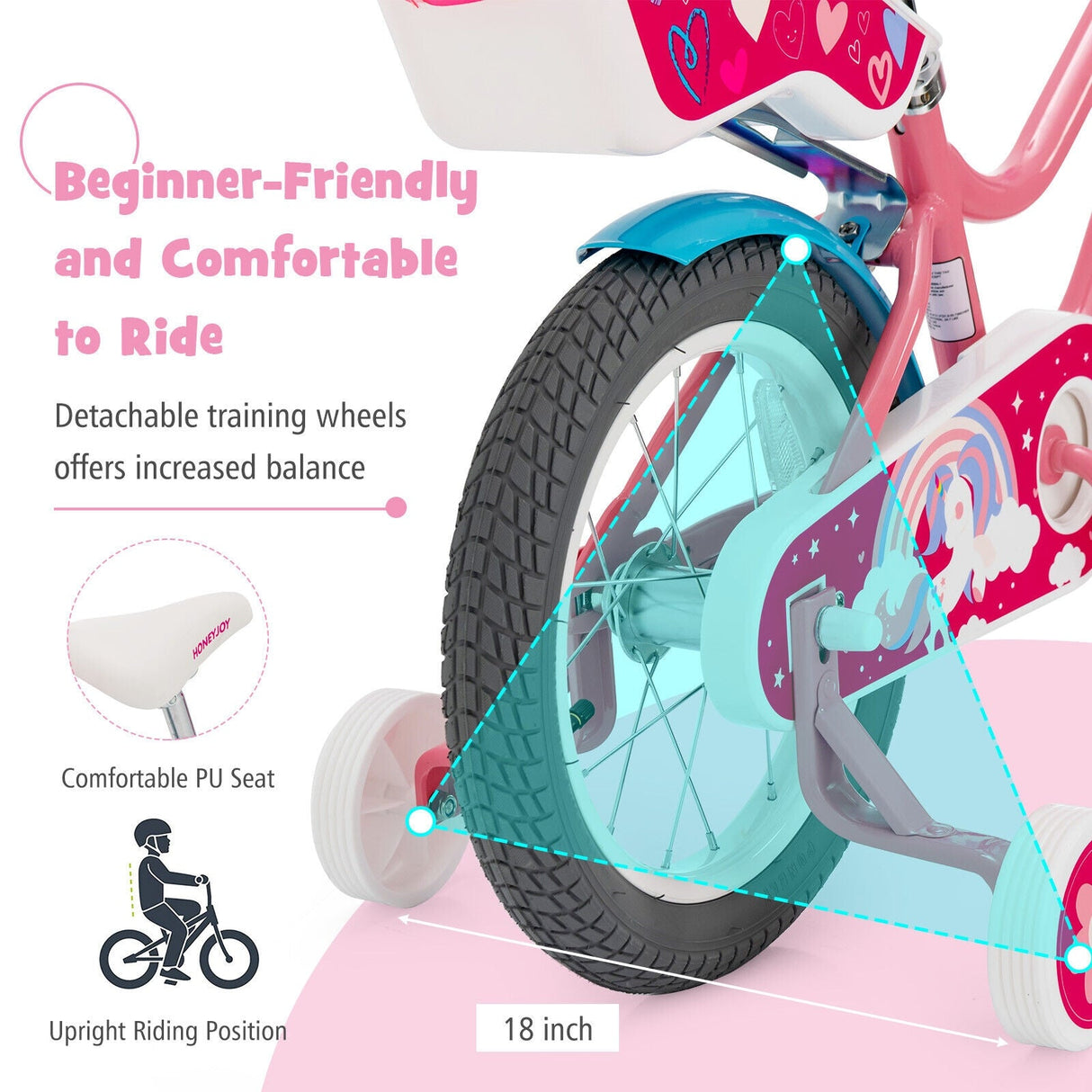 Bicicleta infantil de 16 pulgadas con ruedas de entrenamiento y cesta de almacenamiento