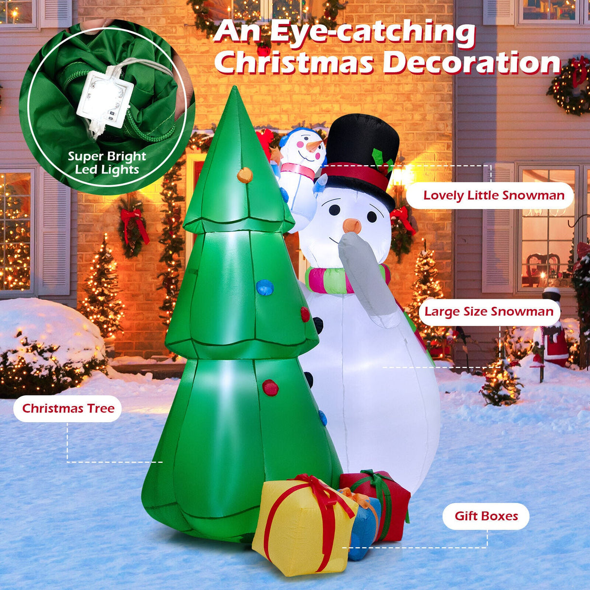 Set de Decoración Navideña Inflable de Muñeco de Nieve y Árbol de 6 Pies de Altura con Luces LED