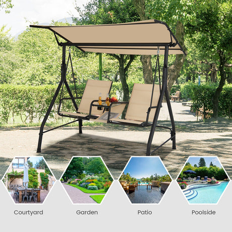 Columpio de Porche Acolchado de 2 Plazas con Toldo Ajustable y Mesa de Cristal Templado - Beige