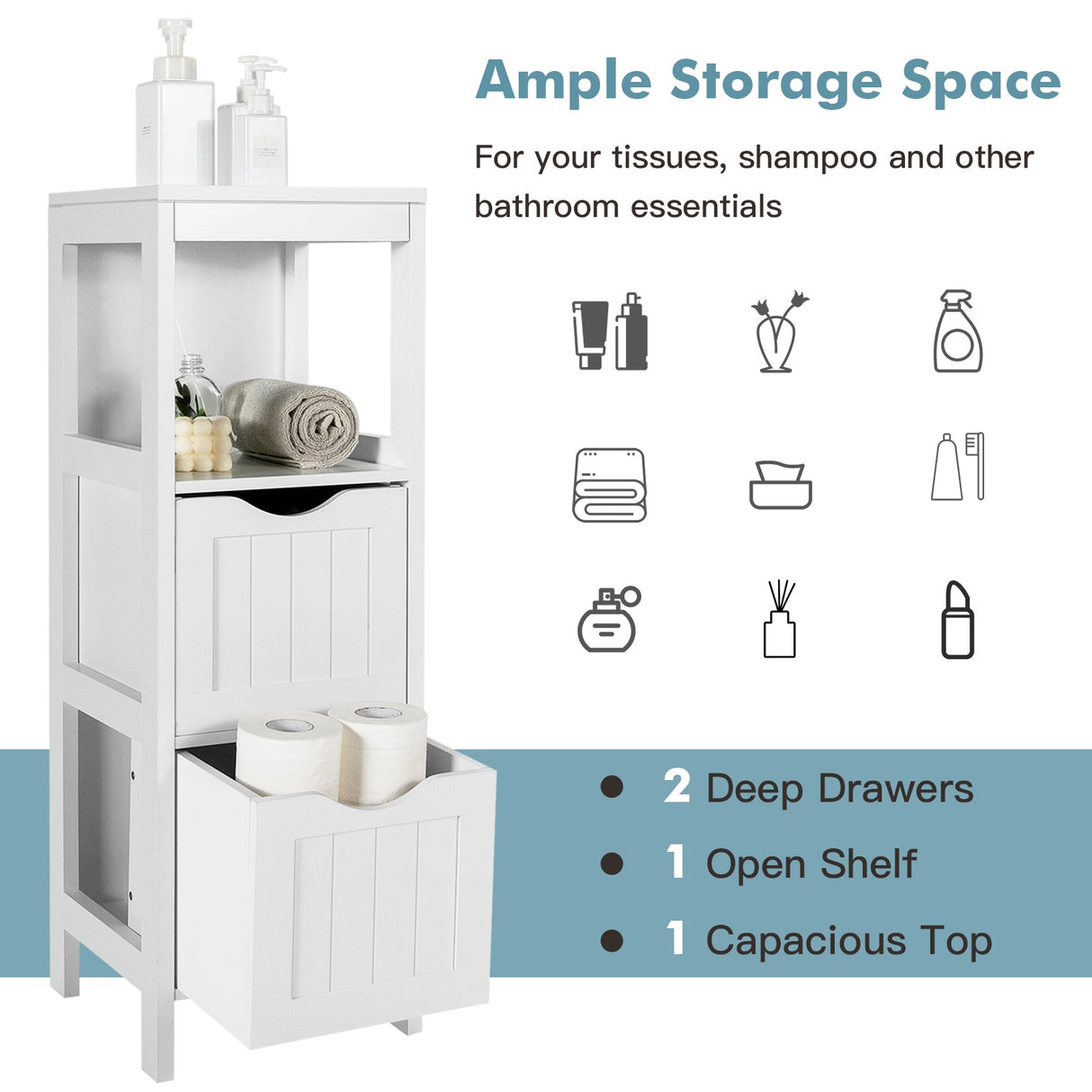 Mueble de almacenamiento independiente con 2 cajones extraíbles para baño