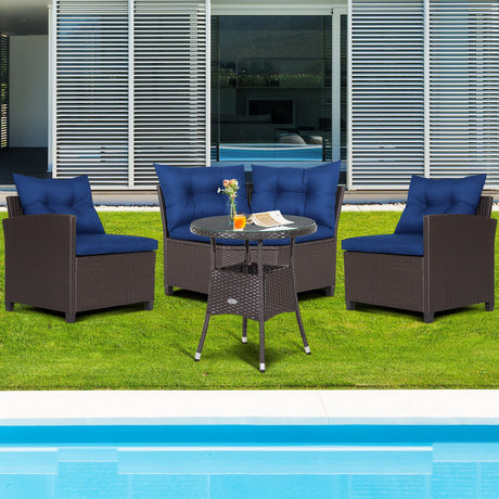 Juego de muebles de patio de ratán de 4 piezas con cojines para sofá y mesa de cristal