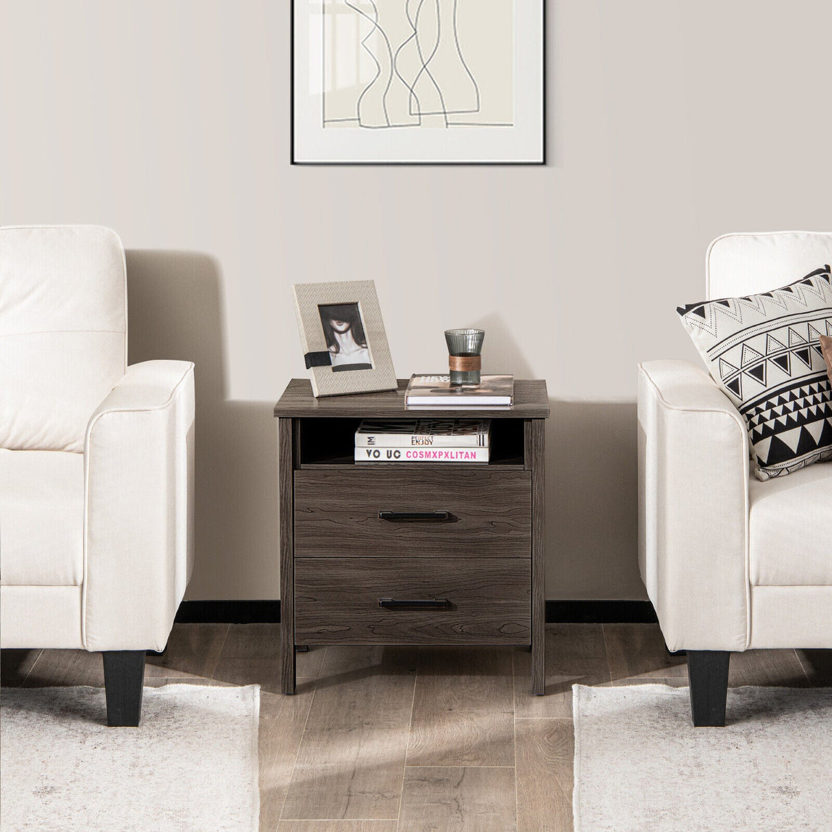Modern Wood Grain Nightstand with Cable Hole and Open Compartment