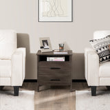 Modern Wood Grain Nightstand with Cable Hole and Open Compartment