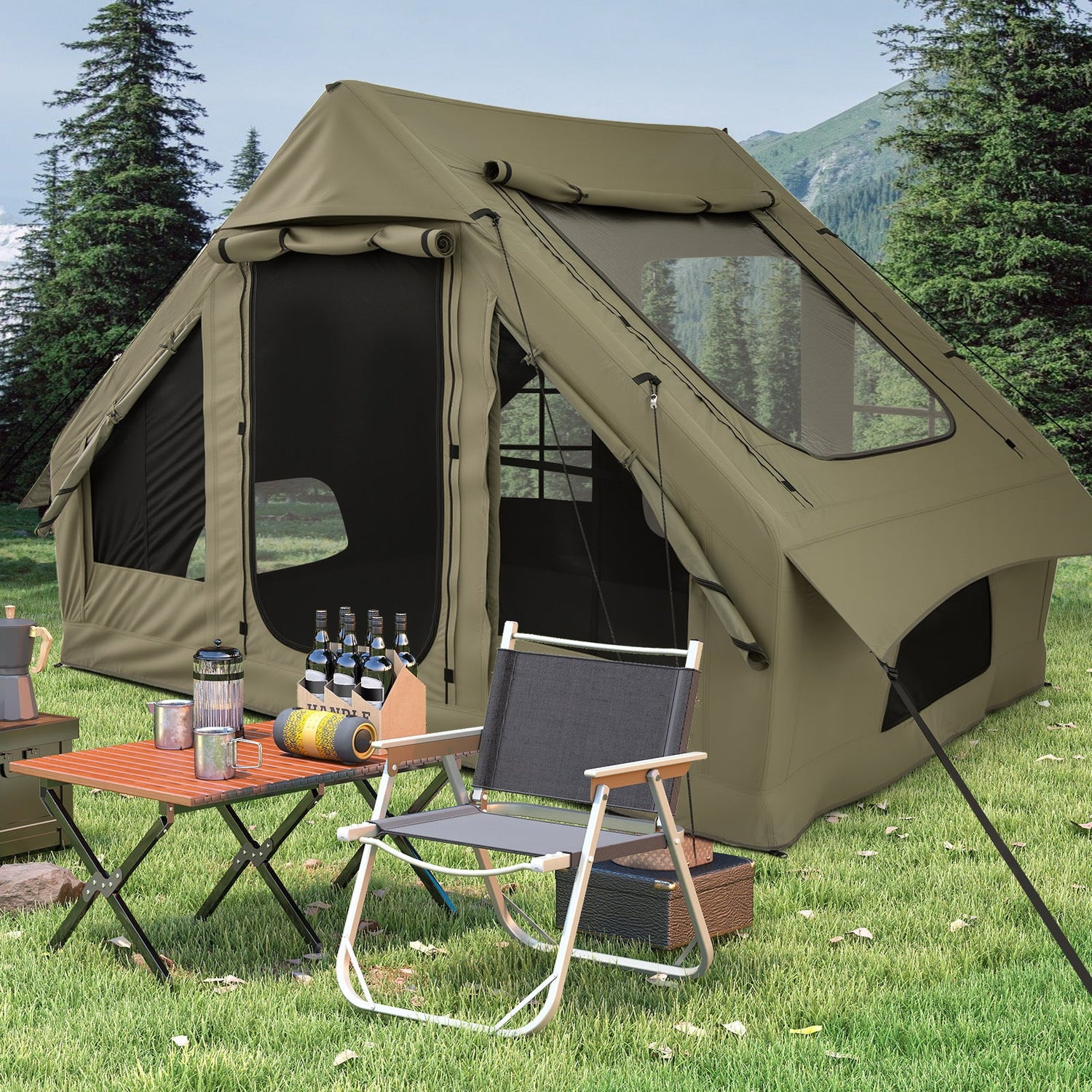 Tienda de campaña inflable para 4-6 personas con 4 ventanas de malla mosquitera y 2 puertas