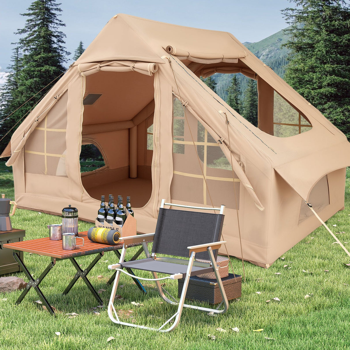 Tienda de campaña inflable para 4-6 personas con 4 ventanas de malla mosquitera y 2 puertas