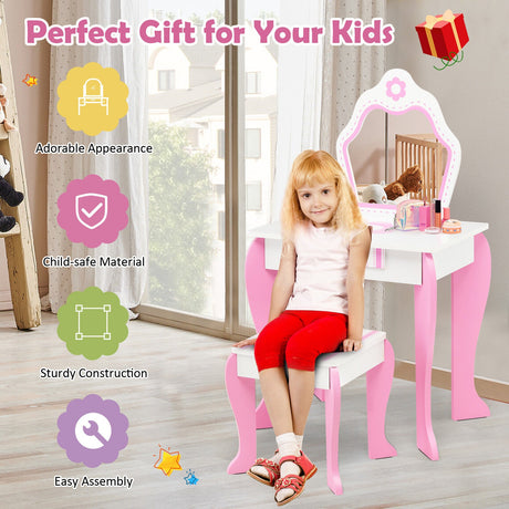 Set de tocador 2 en 1 para niños pequeños con tapa desmontable y bonitos estampados de flores - Blanco