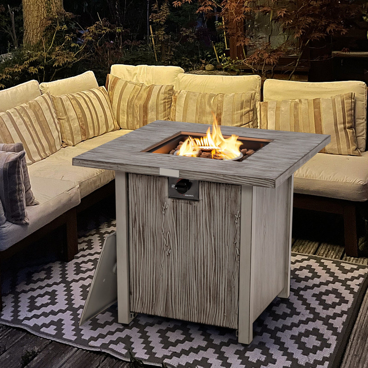 Mesa fogata cuadrada de 28 pulgadas y 40 000 BTU con tapa y rocas de lava-Gris