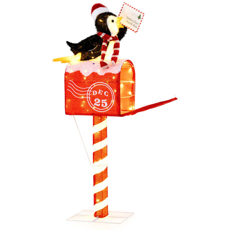 Pingüino buzón de 1.46 m con luces de Navidad, decoración preiluminada con 100 luces LED blancas cálidas