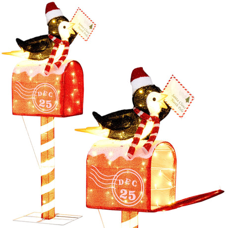 Pingüino buzón de 1.46 m con luces de Navidad, decoración preiluminada con 100 luces LED blancas cálidas