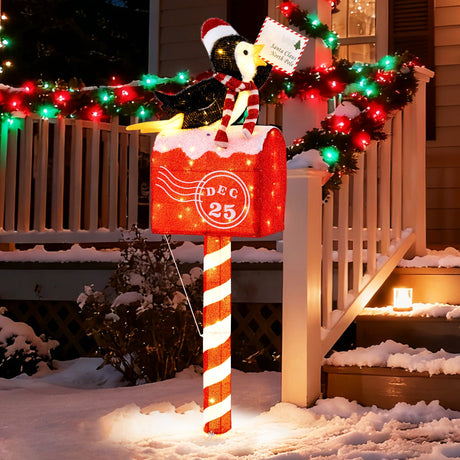 Pingüino buzón de 1.46 m con luces de Navidad, decoración preiluminada con 100 luces LED blancas cálidas
