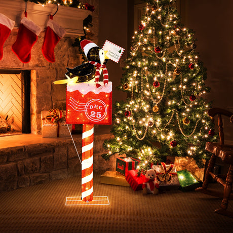 Pingüino buzón de 1.46 m con luces de Navidad, decoración preiluminada con 100 luces LED blancas cálidas