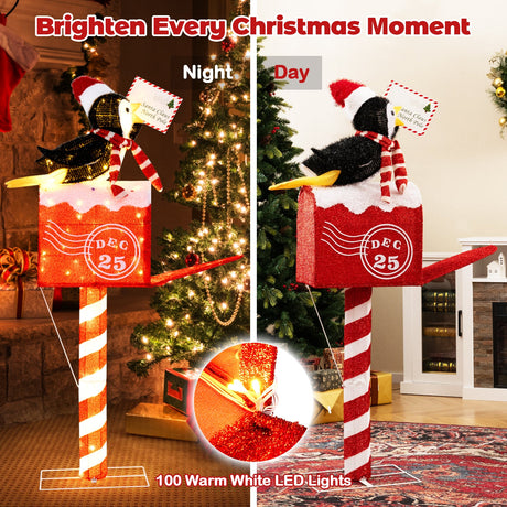 Pingüino buzón de 1.46 m con luces de Navidad, decoración preiluminada con 100 luces LED blancas cálidas