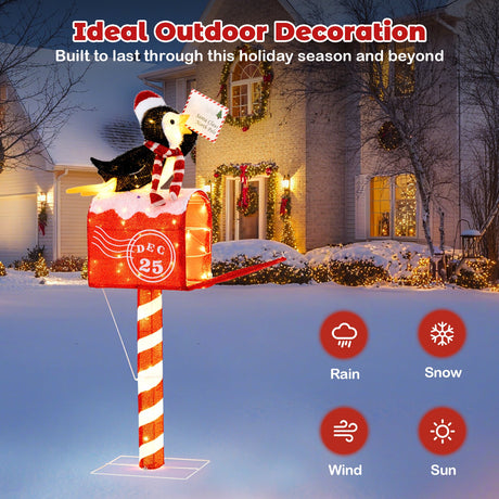 Pingüino buzón de 1.46 m con luces de Navidad, decoración preiluminada con 100 luces LED blancas cálidas
