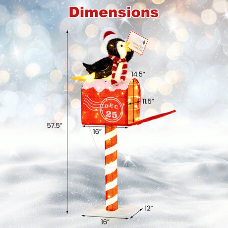 Pingüino buzón de 1.46 m con luces de Navidad, decoración preiluminada con 100 luces LED blancas cálidas