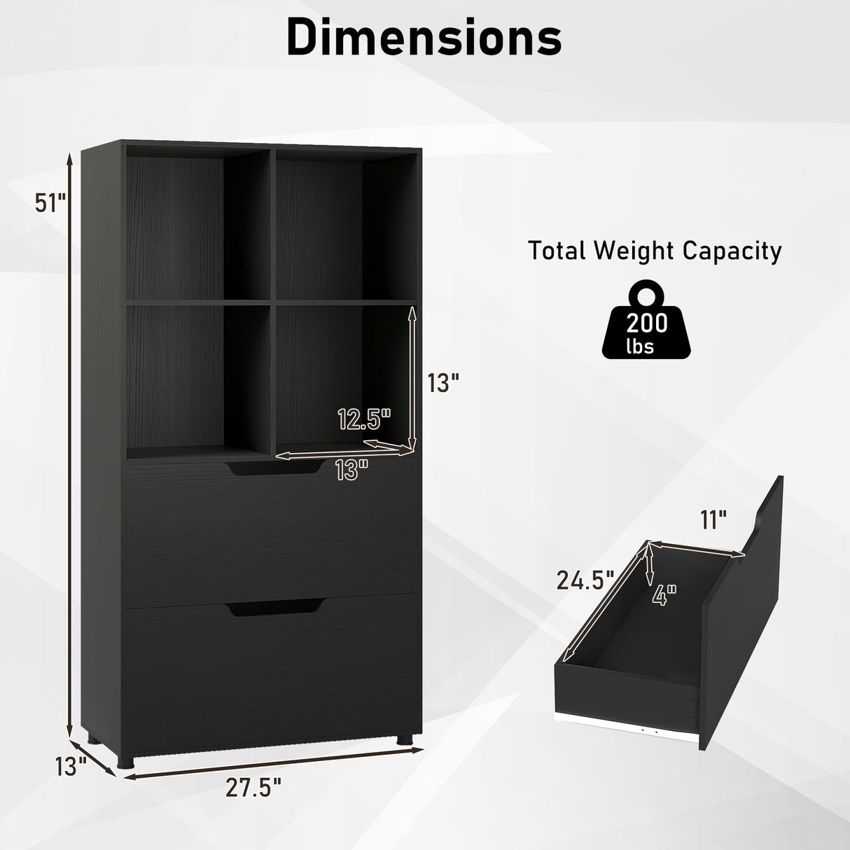 4-Cube Bookcase with 2 Drawers 51 inch 5-Tier Tall Freestanding Bookshelf