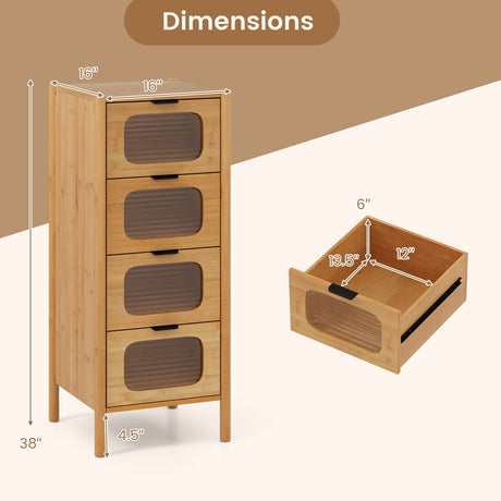 Cómoda de 4 cajones Armario de almacenamiento de bambú con cajones de vidrio templado estriado-Natural