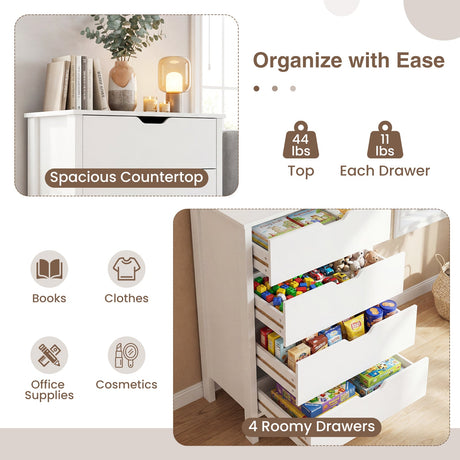 Cómoda de 4 Cajones de Madera con Kit Antivuelco - Blanco
