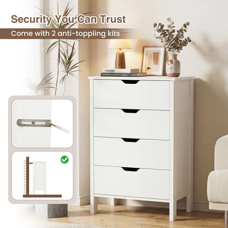 Cómoda de 4 Cajones de Madera con Kit Antivuelco - Blanco