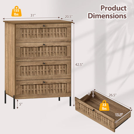 Cómoda de 4 cajones con mecanismo de entrelazado y patas metálicas para dormitorio - Roble