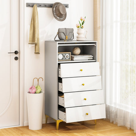 Archivador moderno de 4 cajones con puerta abatible de cristal estriado - Gris y blanco