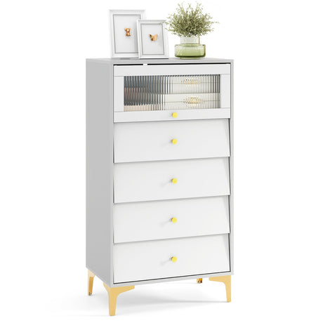 Archivador moderno de 4 cajones con puerta abatible de cristal estriado - Gris y blanco