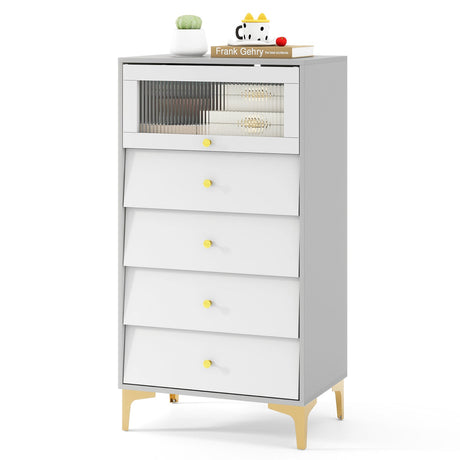 Archivador moderno de 4 cajones con puerta abatible de cristal estriado - Gris y blanco