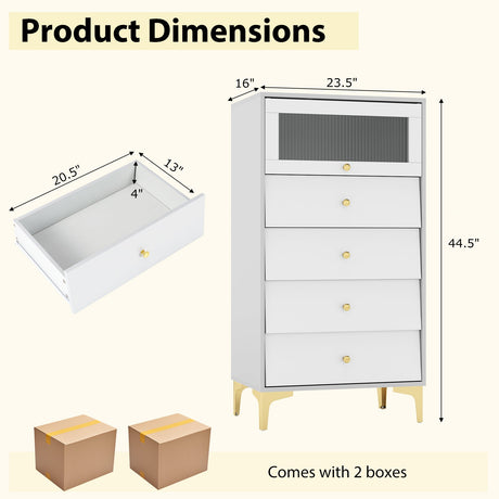 Archivador moderno de 4 cajones con puerta abatible de cristal estriado - Gris y blanco