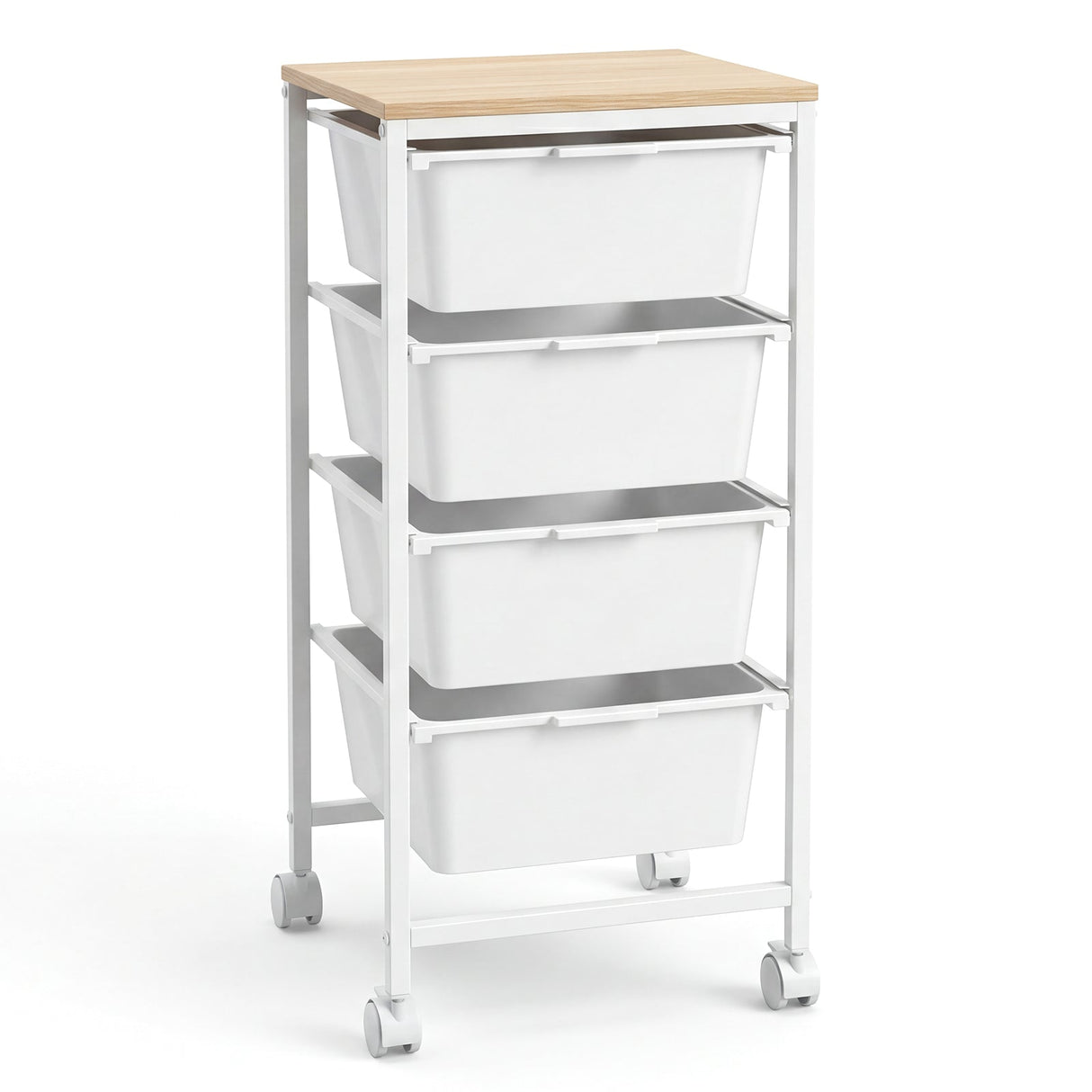 4-Drawer Rolling Storage Cart Mobile Utility Organizer with Wooden Tabletop and Lockable Wheels-White