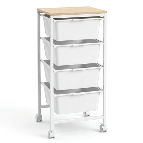 Carro Organizador Móvil de 4 Cajones con Ruedas, Parte Superior de Madera y Ruedas con Freno - Blanco