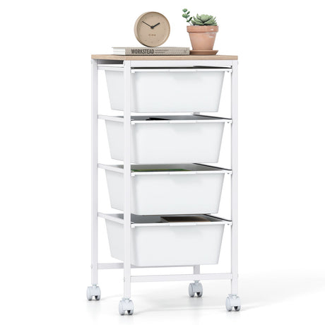 Carro Organizador Móvil de 4 Cajones con Ruedas, Parte Superior de Madera y Ruedas con Freno - Blanco