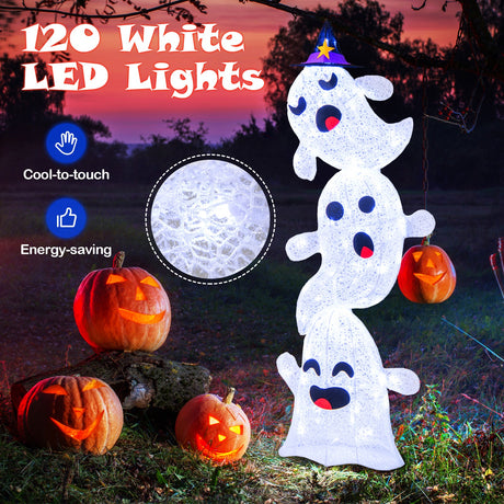 Decoración de Halloween de fantasmas apilados iluminados de 4 pies con 120 luces LED
