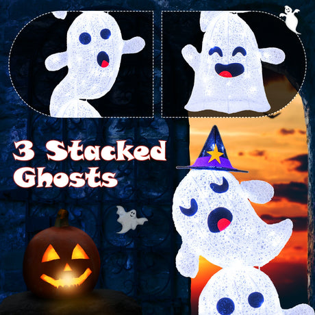 Decoración de Halloween de fantasmas apilados iluminados de 4 pies con 120 luces LED