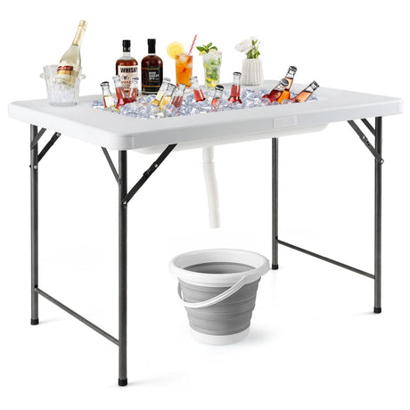 Mesa plegable de 4 pies con cubeta para hielo y faldón para acampada, pícnic, boda, con cubeta para hielo-Blanco